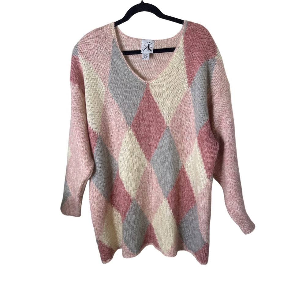 JK America V-Neck Sweater, Size 26, Pink and Gray